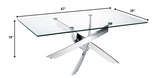 47" Clear and Silver Glass And Steel Cross Legs Coffee Table