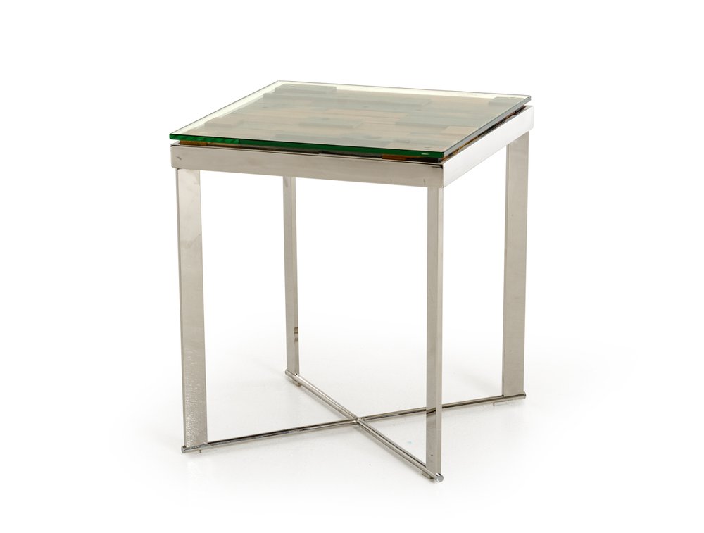 22" Silver and Brown Reclaimed Wood Glass and Steel Square End Table