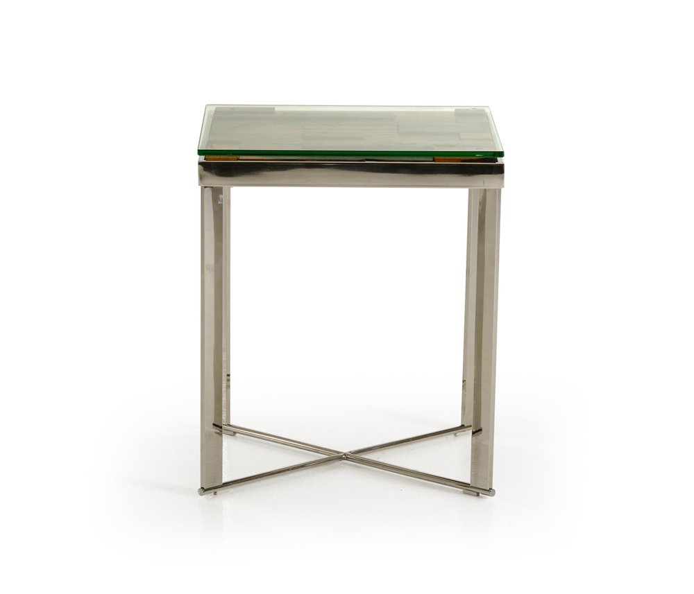 22" Silver and Brown Reclaimed Wood Glass and Steel Square End Table