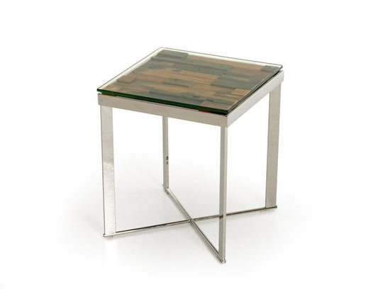 22" Silver and Brown Reclaimed Wood Glass and Steel Square End Table