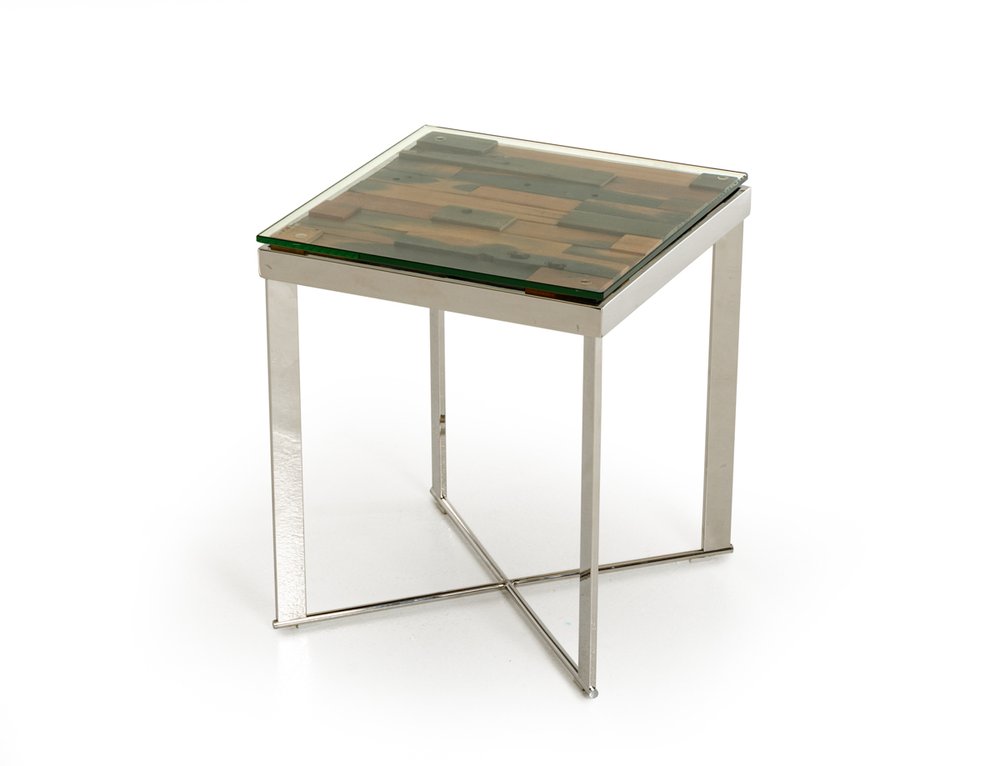 22" Silver and Brown Reclaimed Wood Glass and Steel Square End Table