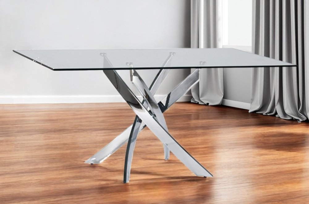 63" Clear And Silver Glass And Stainless Steel Pedestal Base Dining Table