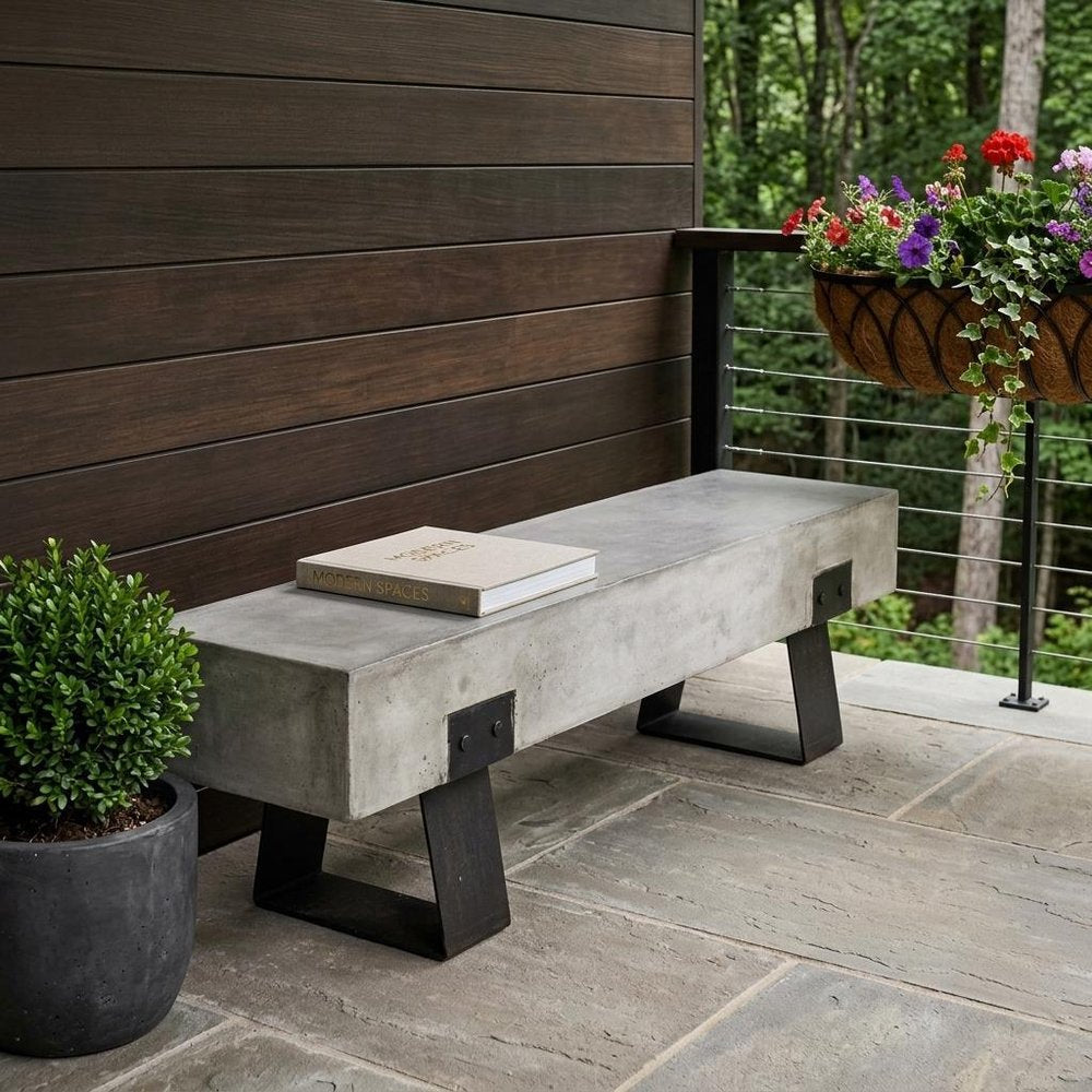 75" Gray and Black Metal and Concrete Indoor Outdoor Bench