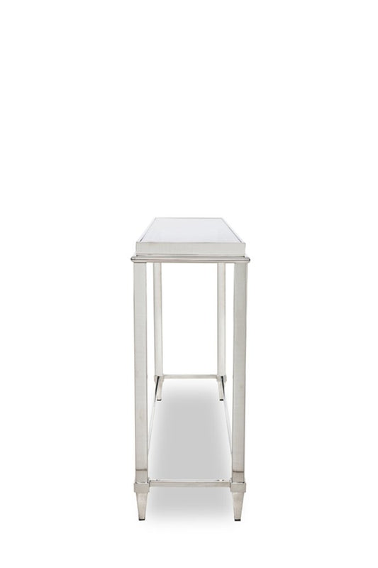 55" Silver Glass and Stainless Steel Frame Console Table