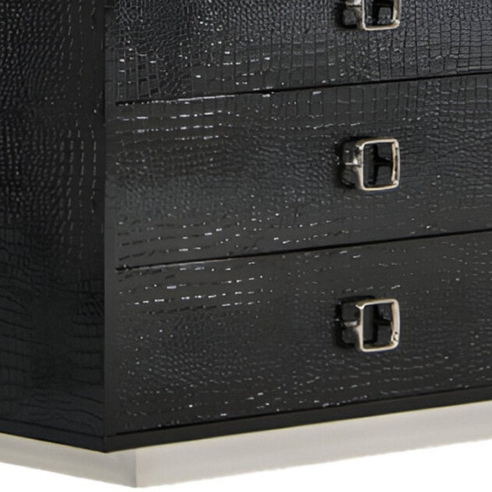 63" Black Six Drawer Shagreen Faux Croc Double Dresser