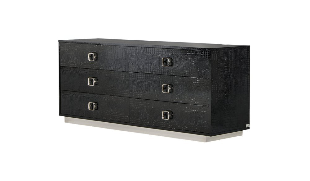63" Black Six Drawer Shagreen Faux Croc Double Dresser