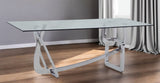 79" Clear And Silver Glass And Stainless Steel Trestle Base Dining Table