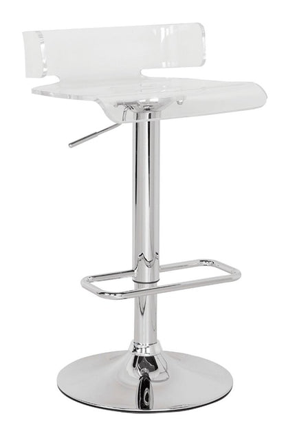 Clear and Silver Acrylic and Metal Low Back Adjustable Height Swivel Bar Chair