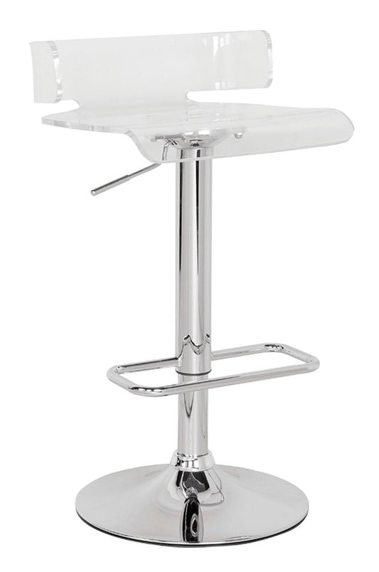 Clear and Silver Acrylic and Metal Low Back Adjustable Height Swivel Bar Chair