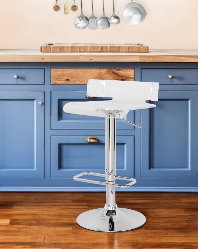 Clear and Silver Acrylic and Metal Low Back Adjustable Height Swivel Bar Chair