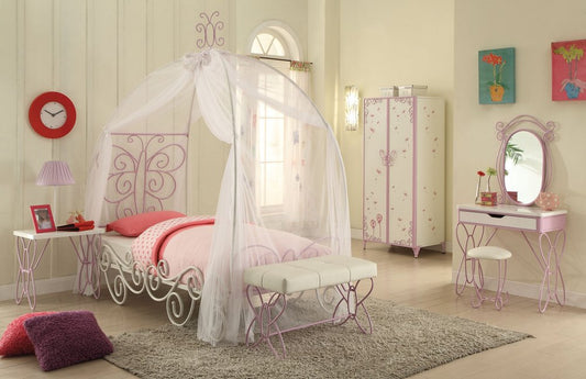Purple and White Metal Canopy Bed Frame