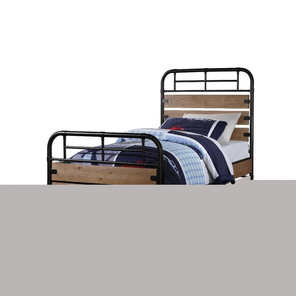 Black And Oak Shiplap Texture Wood and Metal Twin Bed Frame