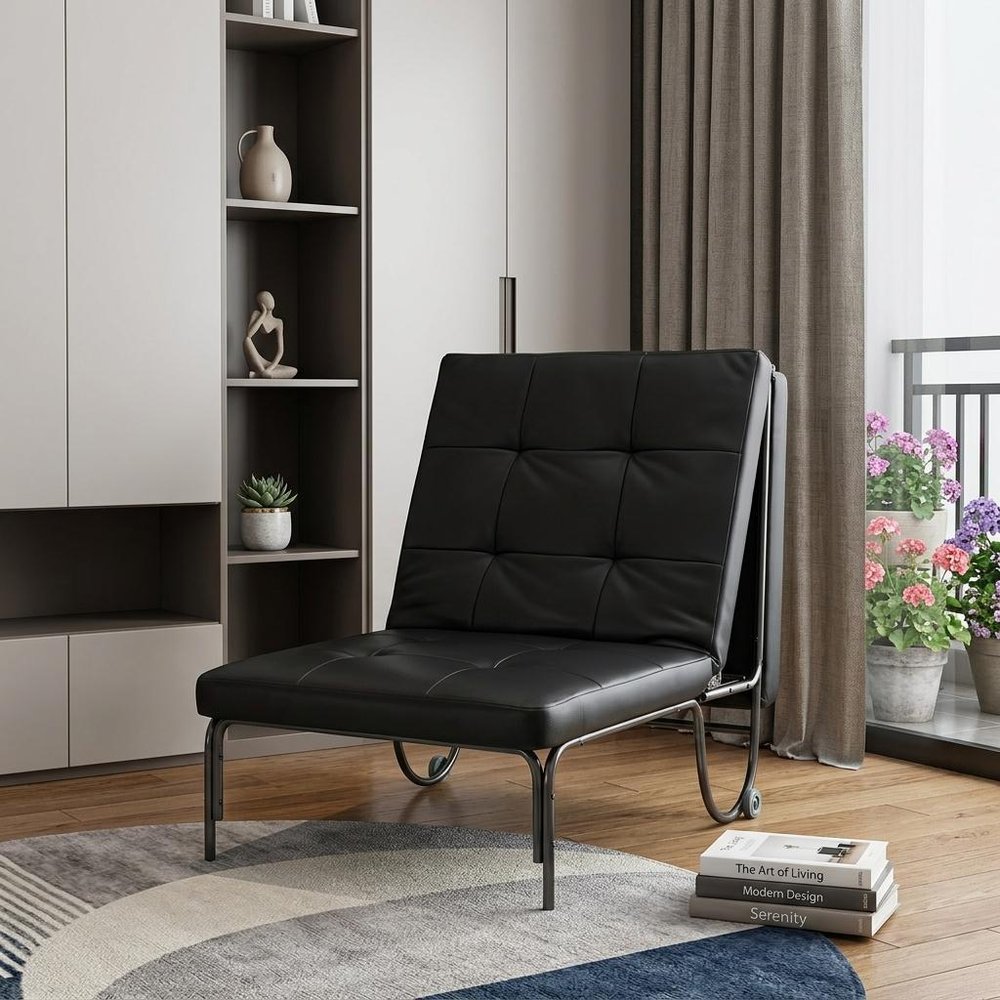 75" Black Faux Leather Tufted Convertible Chair