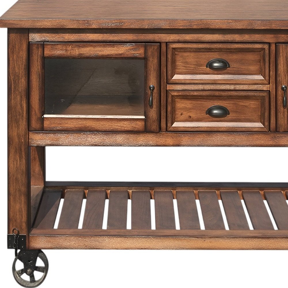58" Rustic Brown Rolling Kitchen Cart With Storage