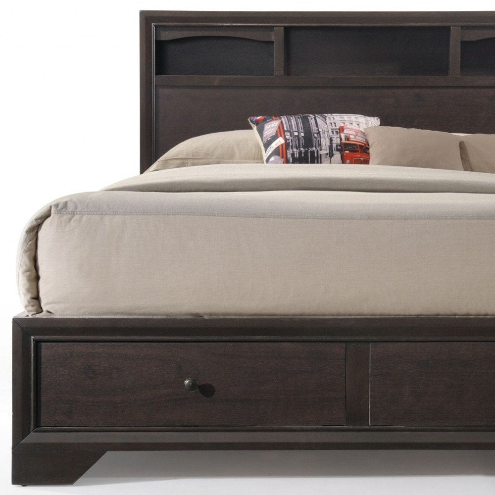 Espresso Solid Wood Queen Bed Frame With Drawers