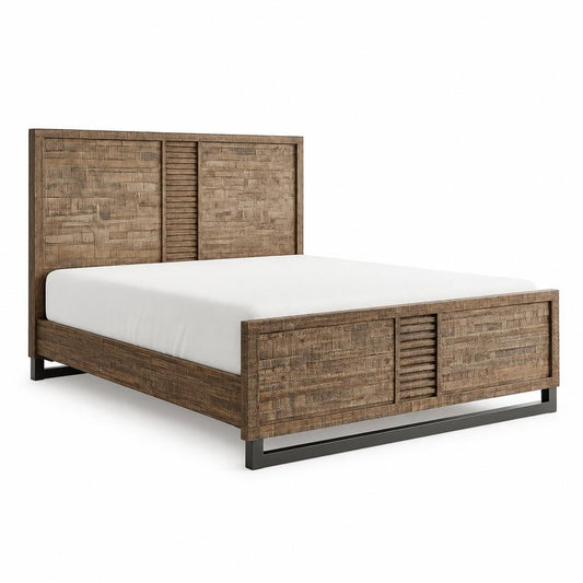 Brown And Black Shiplap Textured Solid Wood Queen Bed Frame