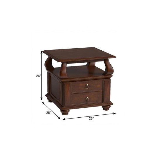 26" Brown Solid Wood Square End Table With Two Drawers And Shelf