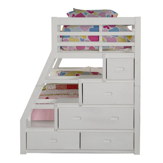 White Twin Over Full Solid Wood Bunk Bed With Stairs And Trundle And Storage