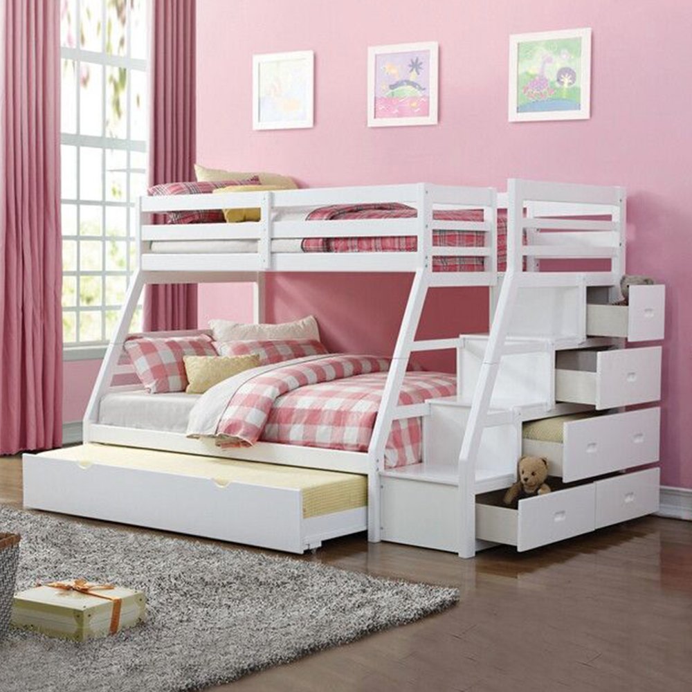 White Twin Over Full Solid Wood Bunk Bed With Stairs And Trundle And Storage
