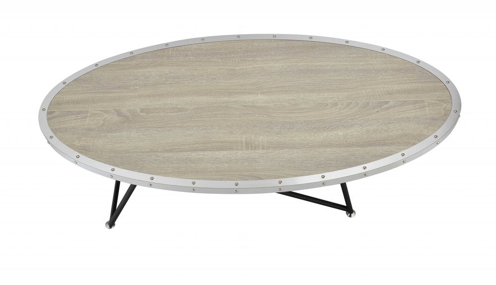 46" Natural and Black Wood And Iron Round Abstract Coffee Table