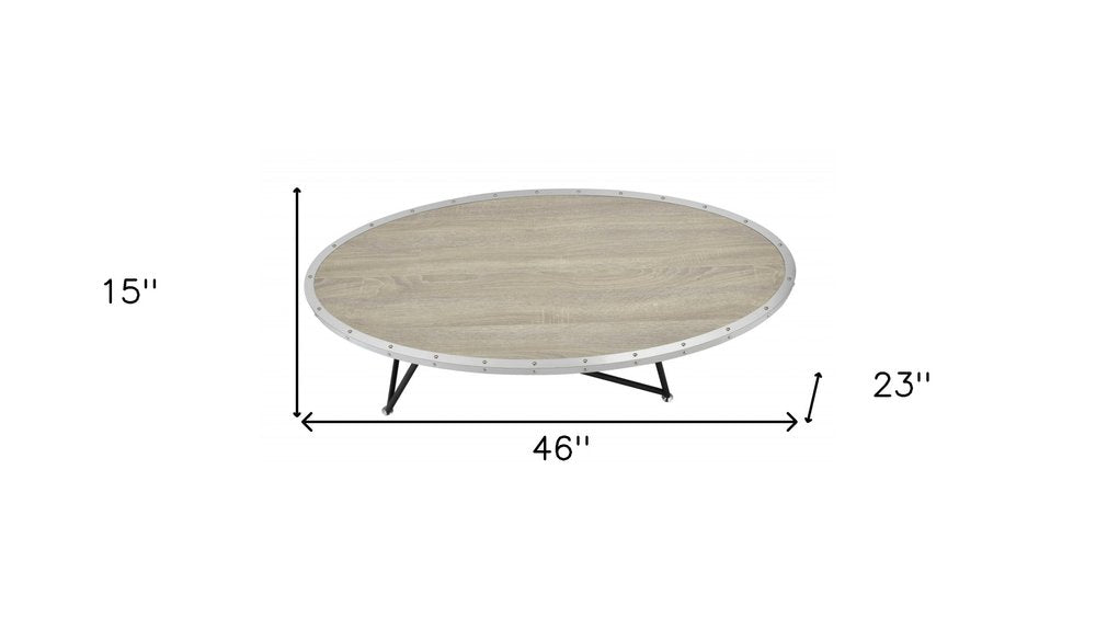 46" Gray and Black Wood and Iron Oval Coffee Table