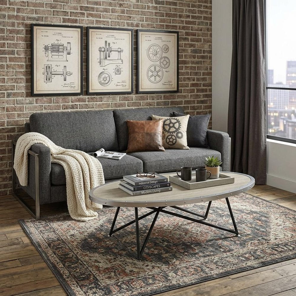46" Gray and Black Wood and Iron Oval Coffee Table