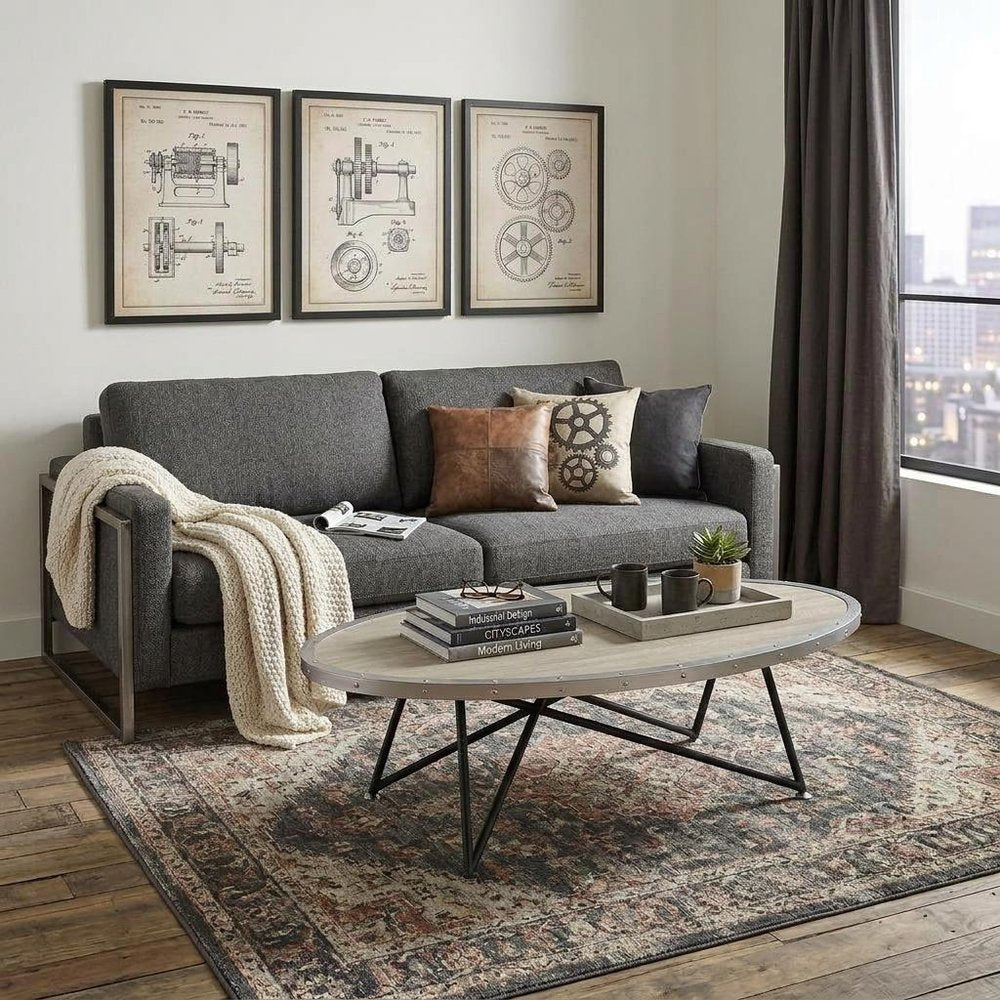 46" Gray and Black Wood and Iron Oval Coffee Table