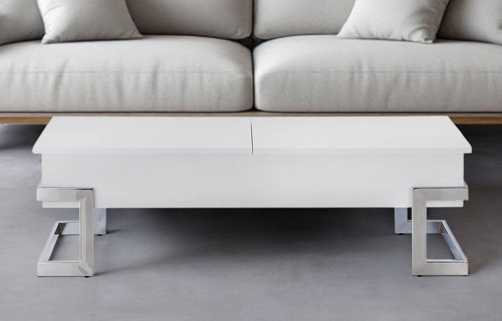 47" White and Silver Wood And Metal Lift Top Sled Coffee Table