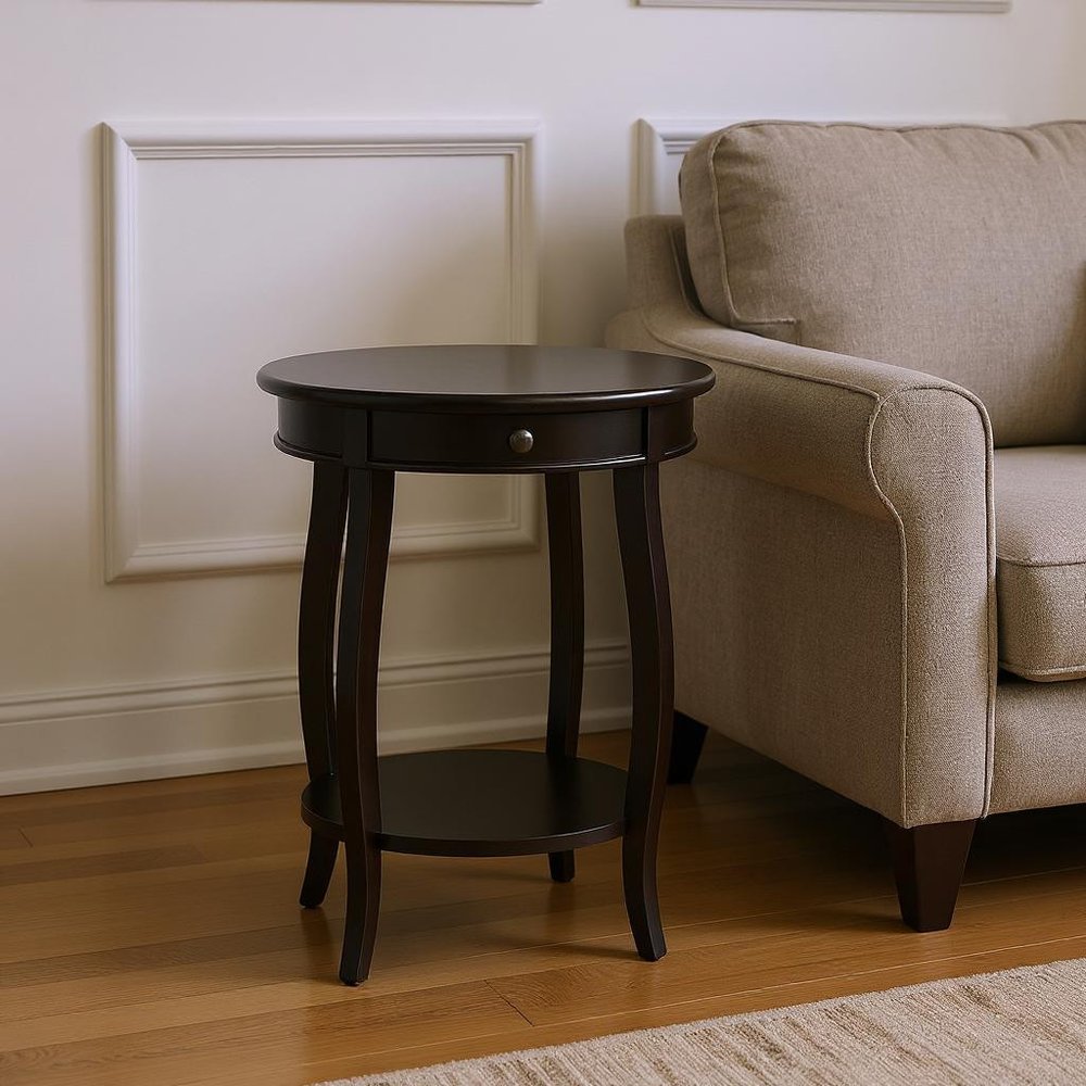 24" Brown Solid Wood Round End Table With Shelf