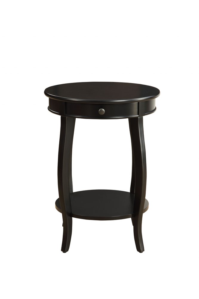 24" Black Wood Round End Table With Drawer And Shelf