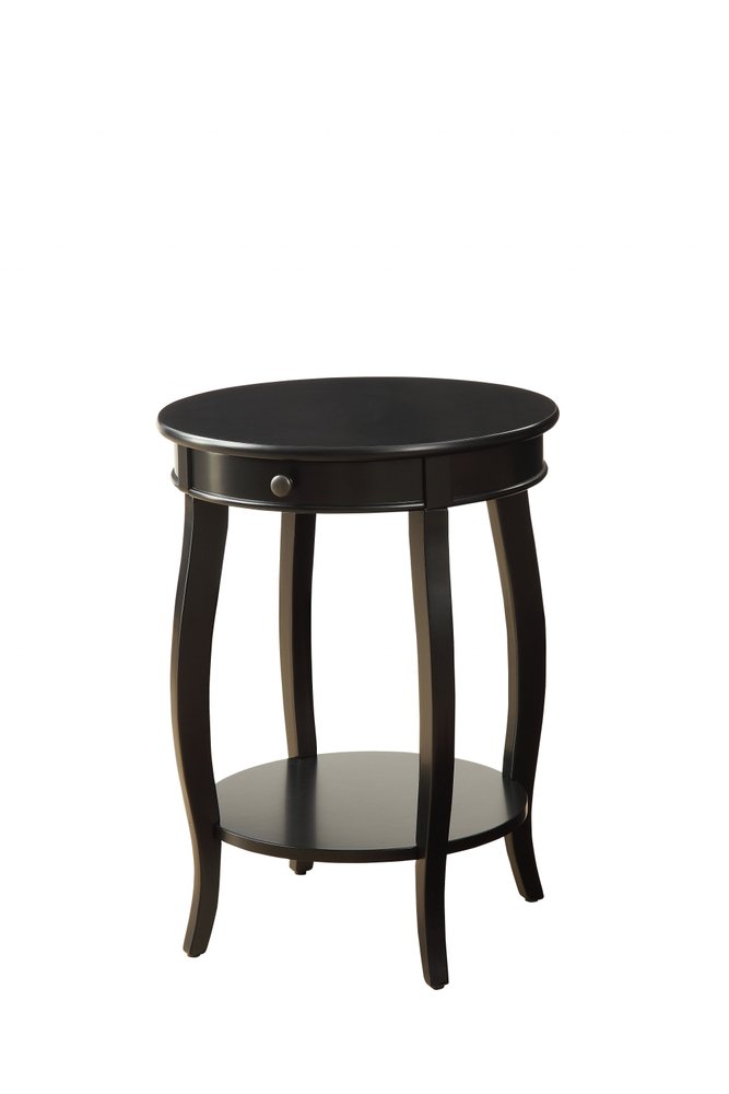 24" Black Wood Round End Table With Drawer And Shelf