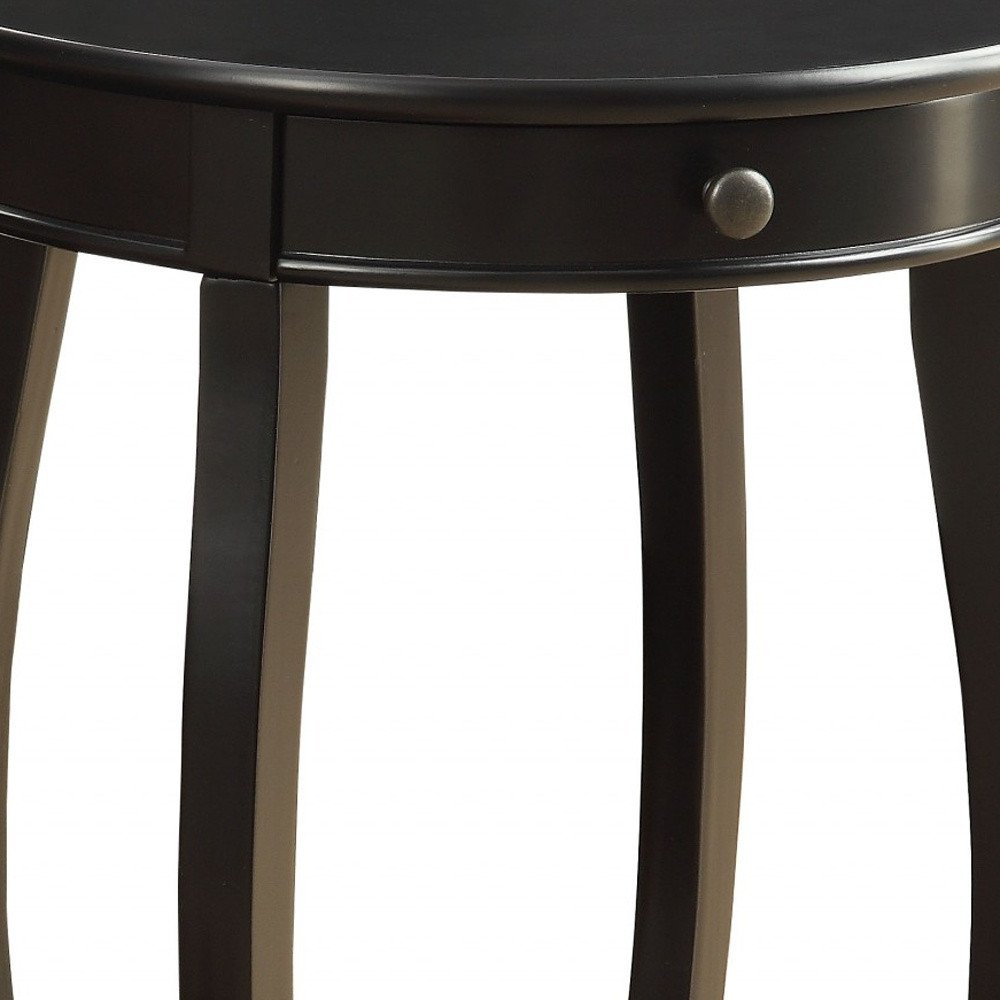 24" Black Wood Round End Table With Drawer And Shelf