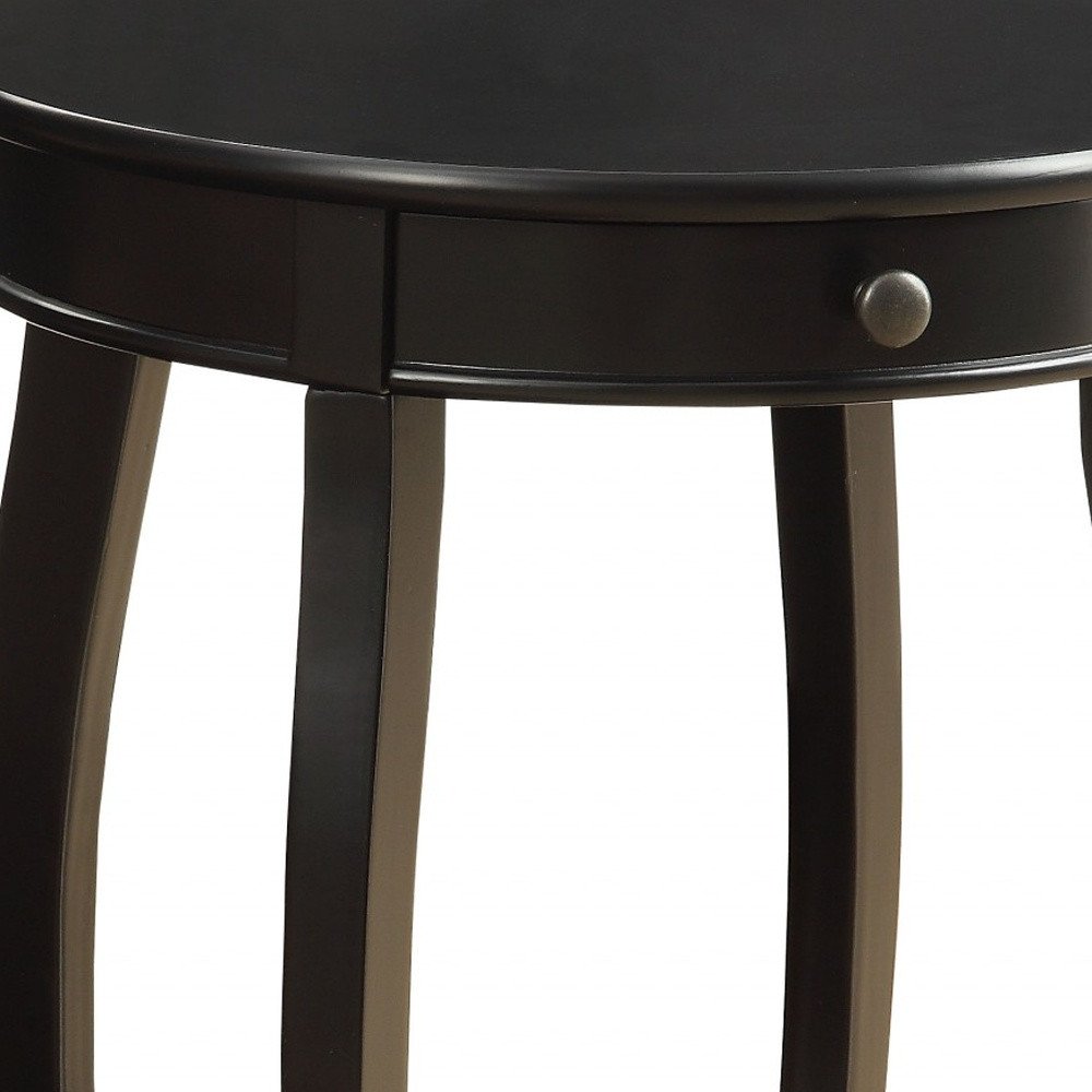24" Black Wood Round End Table With Drawer And Shelf