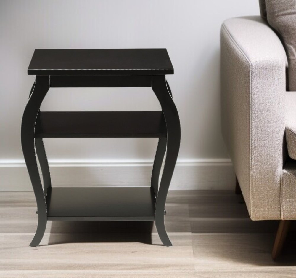 23" Brown Wood Bow Leg End Table With Two Shelves