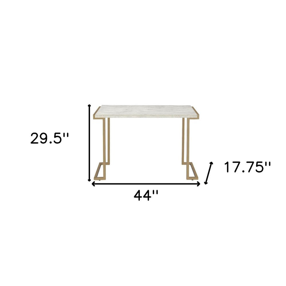 44" White and Gold Faux Marble And Iron Sled Coffee Table