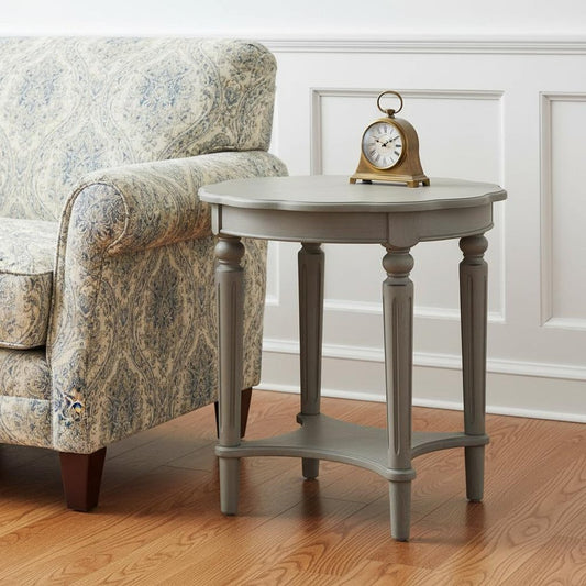 24" Light Slate Gray Solid Wood Round End Table With Shelf