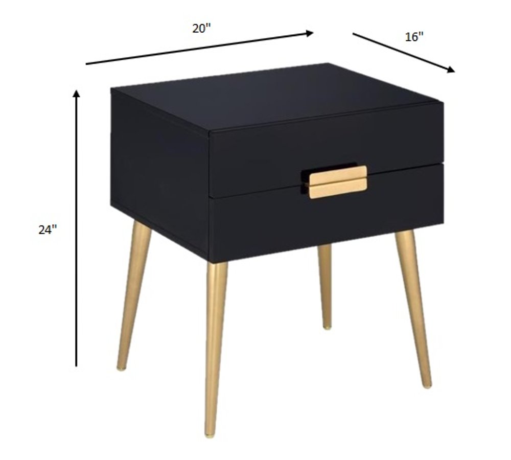 24" Black And Gold Wood And Iron End Table With Two Drawers