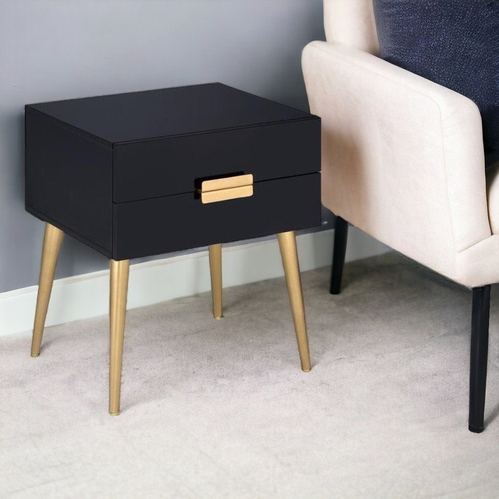 24" Black And Gold Wood And Iron End Table With Two Drawers