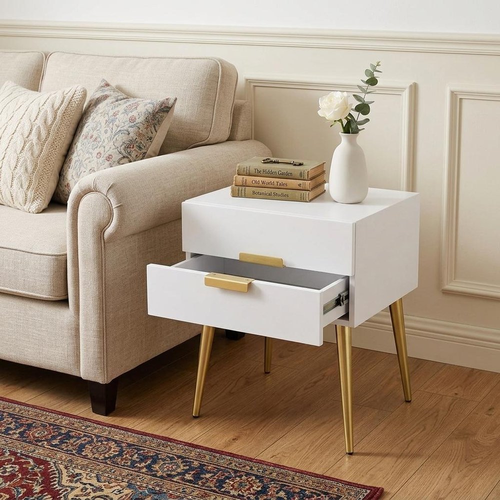 24" Gold And White End Table With Two Drawers