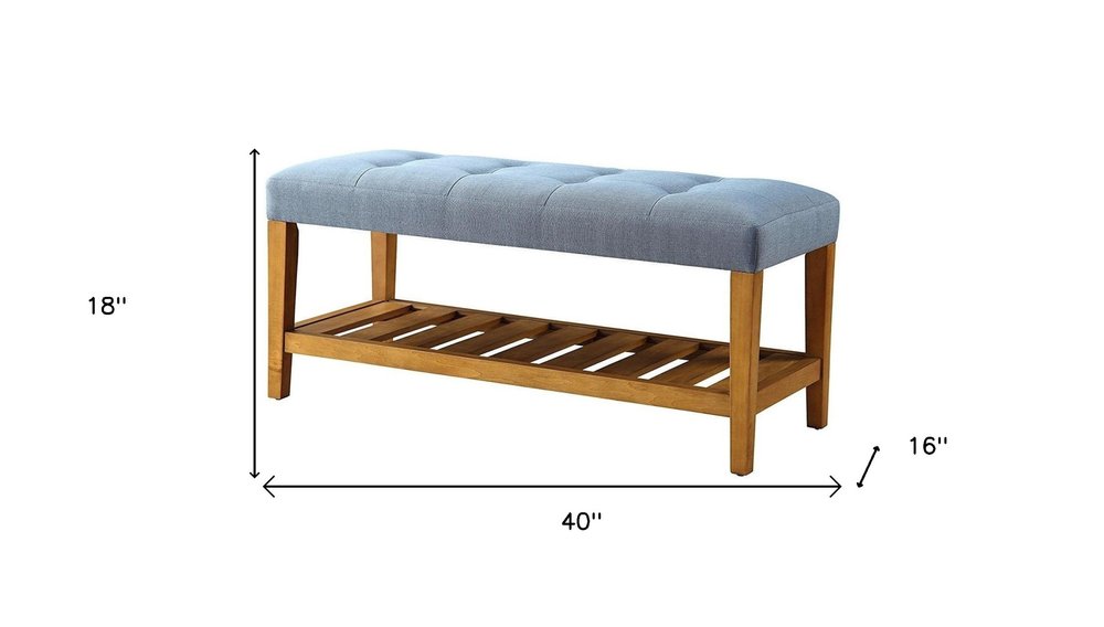 40" Gray and Brown Linen Blend and Solid Wood Upholstered Storage Bench With Shelves