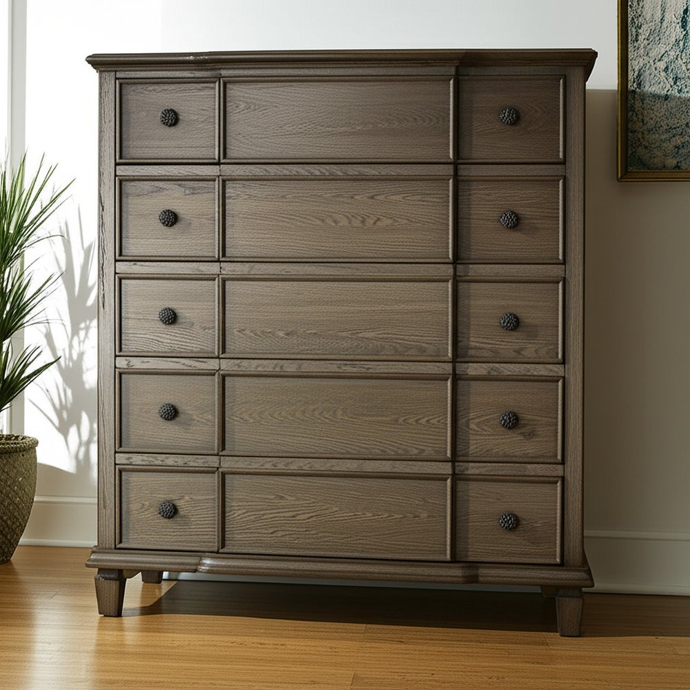 60" Dark Brown Solid Wood Nine Drawer Double Dresser