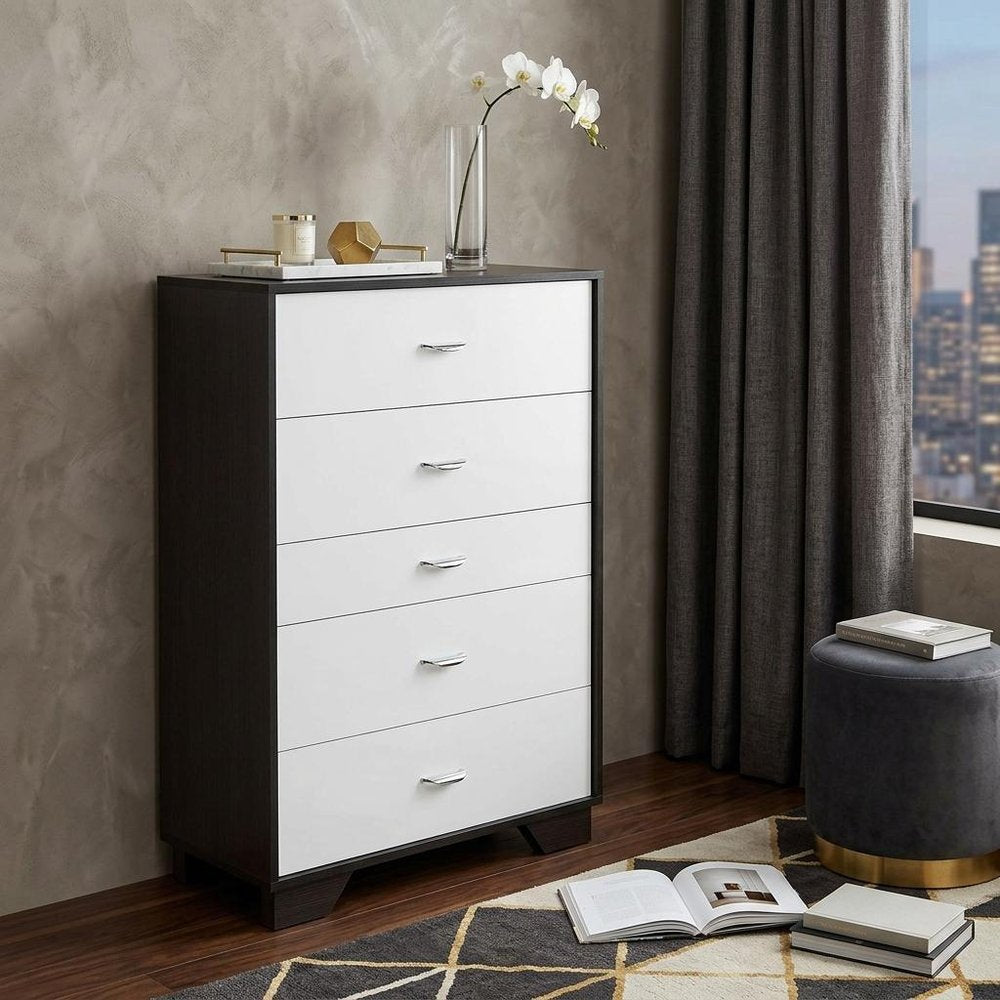 32" Brown and White Five Drawer Standard Chest