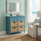 30" Teal Wood And Water Hyacinth Accent Cabinet With Six Drawers