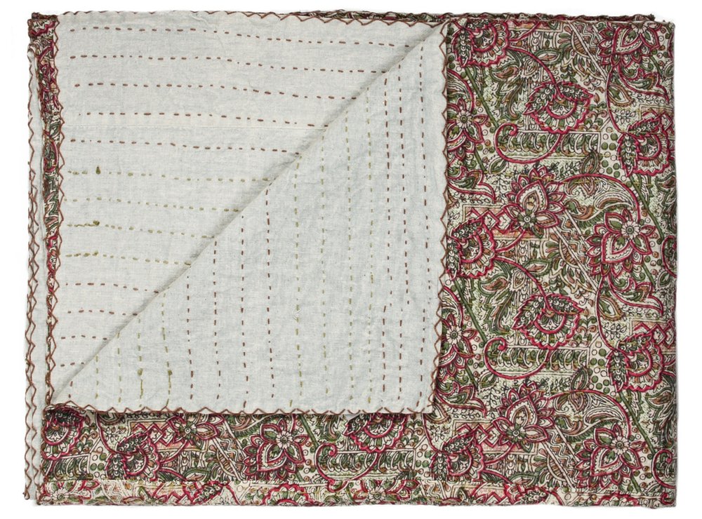 50" X 70" Pink Gray and Blue Kantha Cotton Floral Throw Blanket with Embroidery