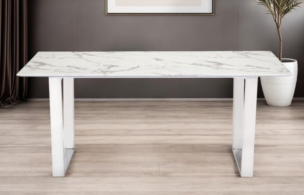 71" White And Silver Marble And Steel Sled Base Dining Table