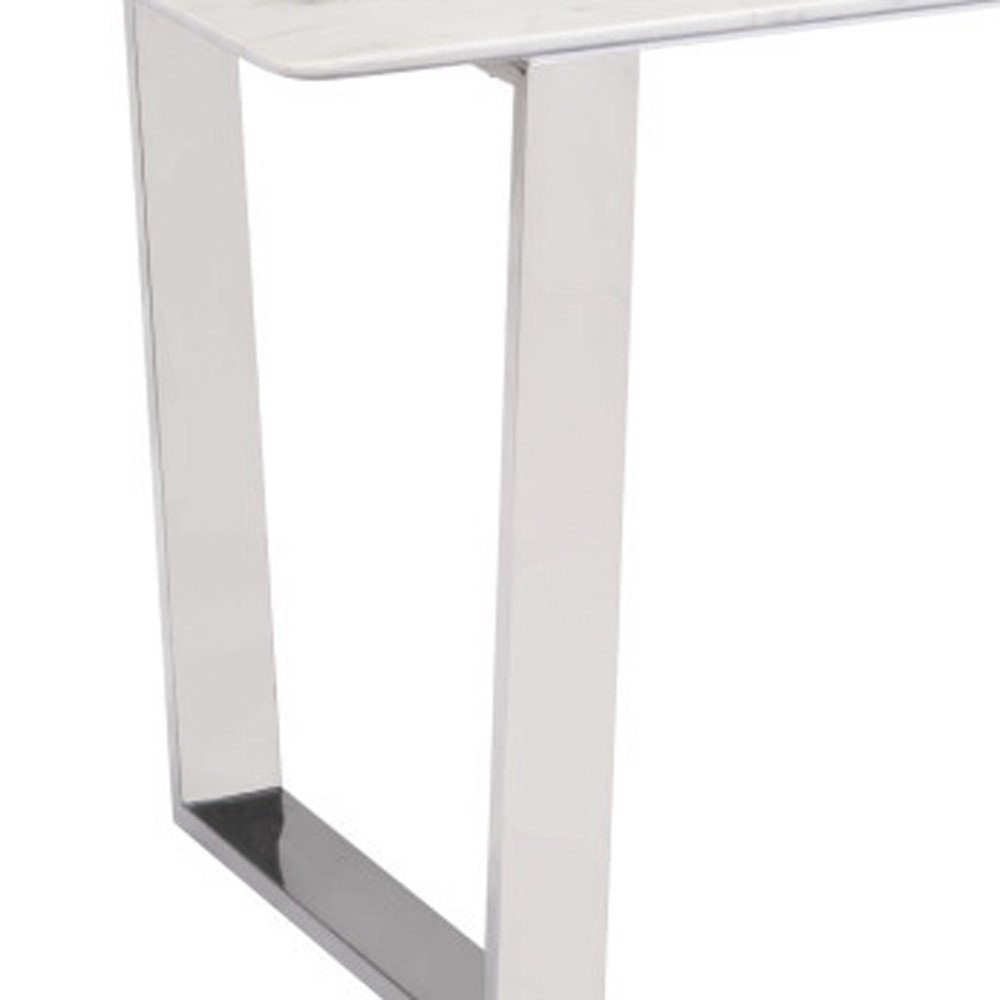 71" White And Silver Marble And Steel Sled Base Dining Table