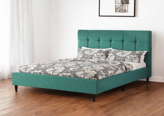Turquoise Tufted Fabric Upholstered Queen Bed Frame