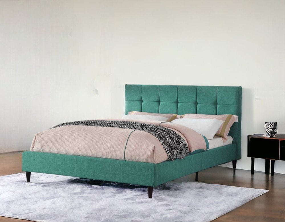 Turquoise Tufted Fabric Upholstered Queen Bed Frame