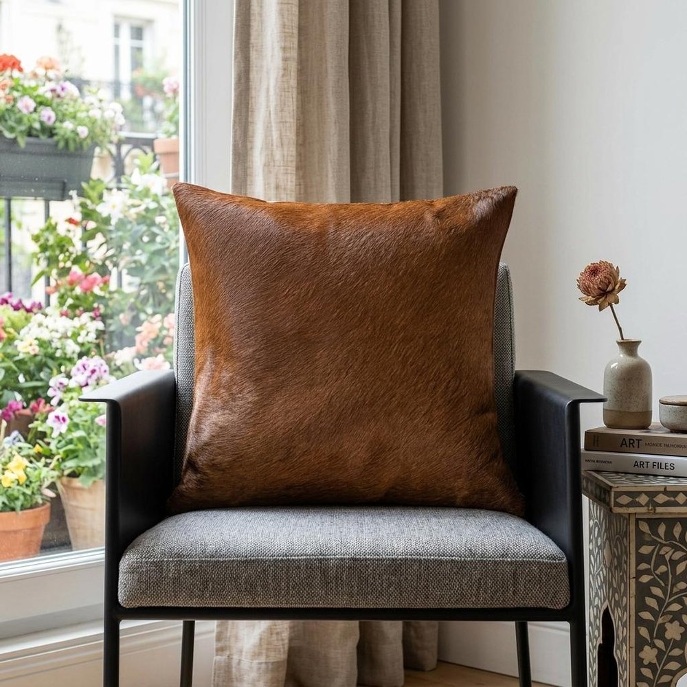 18" Brown Cowhide Throw Pillow