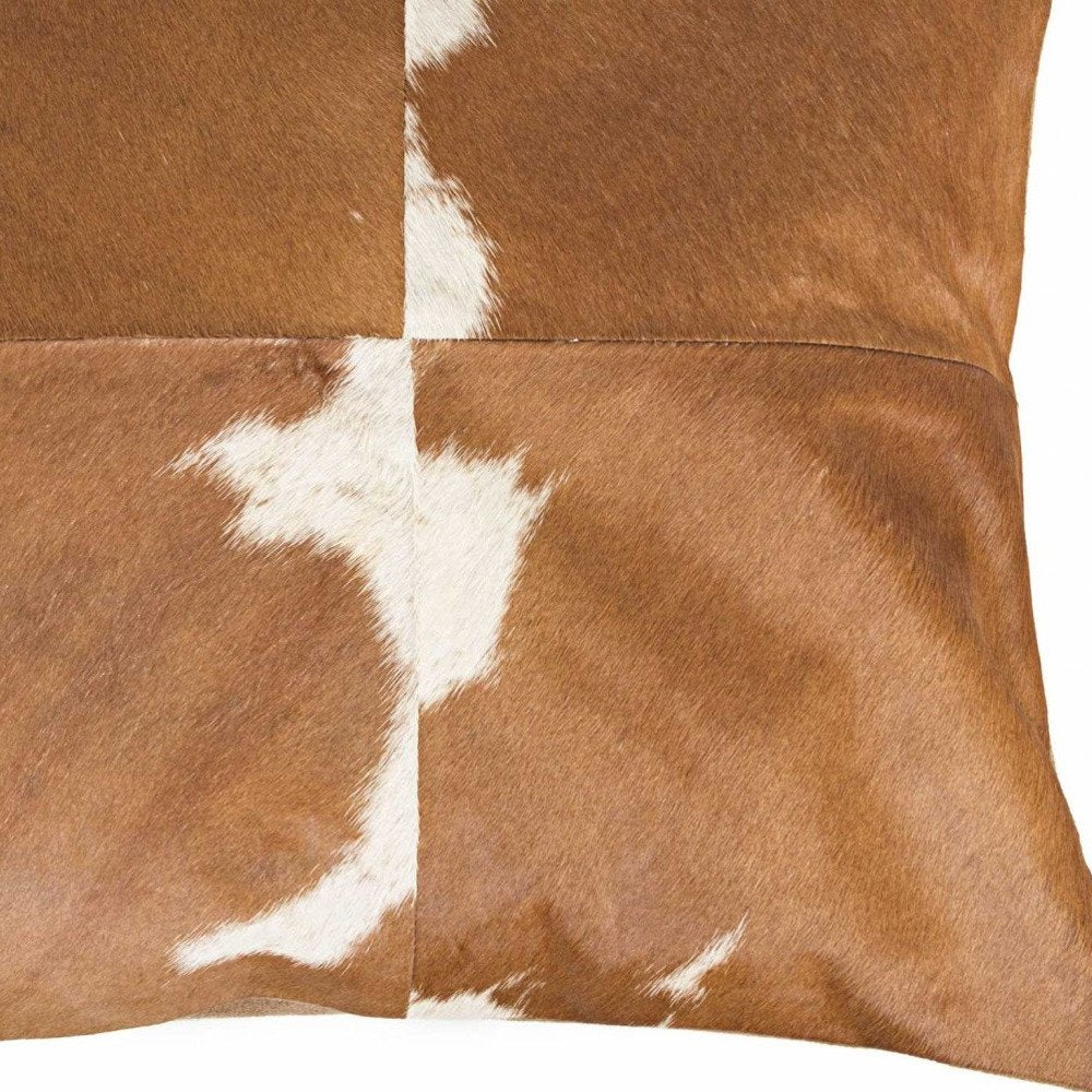 18" Brown And White Cowhide Throw Pillow
